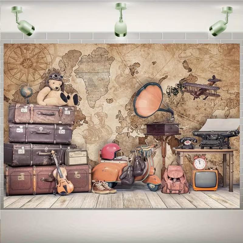 2D Flat Nostalgic Banner, Antique Suitcases and Gramophone for Vlogs and YouTube Videos