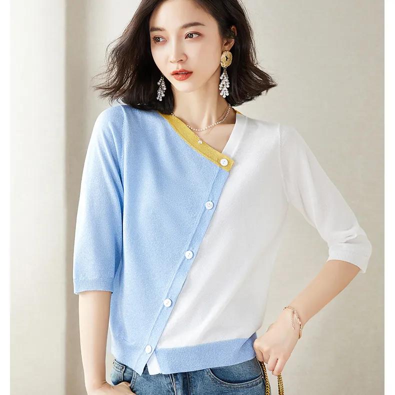 Women's Spring Mid Sleeve Slant Placket Thin Ice Silk Knit Sweater Design Chic Top