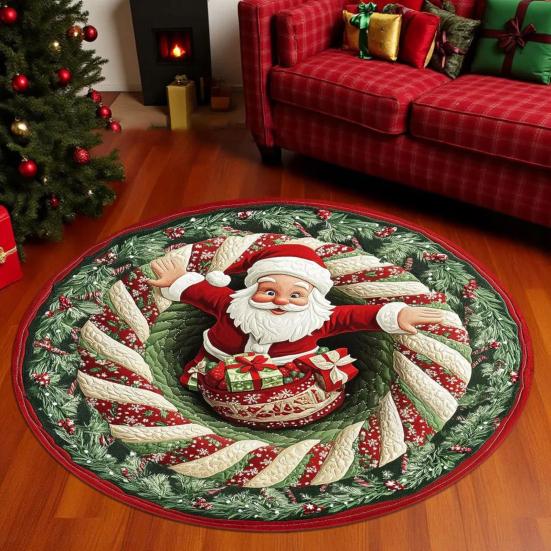 Christmas Santa Gnome Quilted Round Mat Festive Area Rug Non-Slip Backing Door Mat Living Room Bathroom Kitchen Absorbent Mat