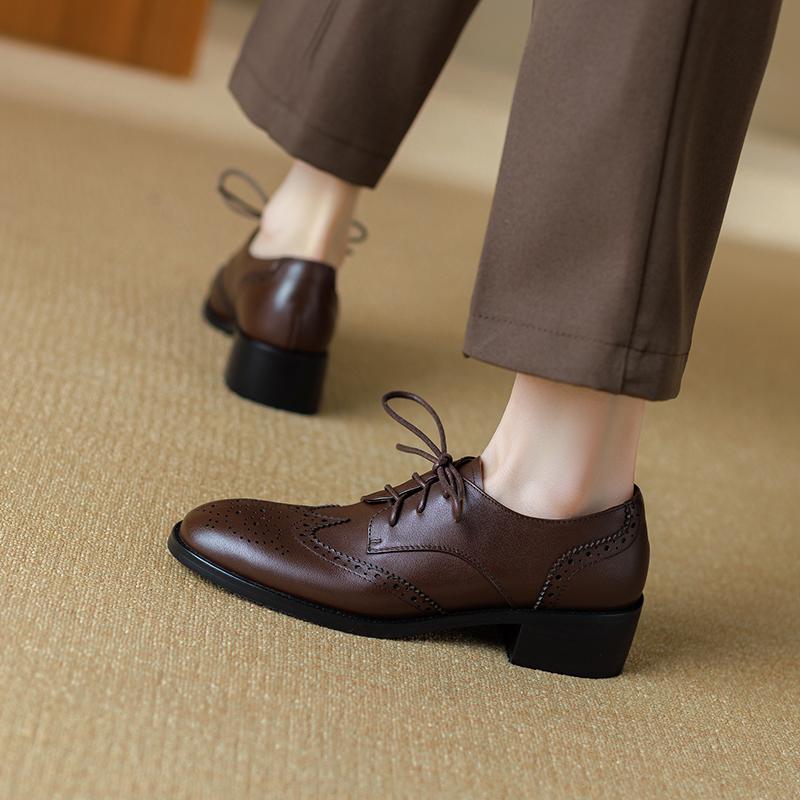Fashion Women Oxford Shoes Spring/Autumn Women Shoes Genuine Leather Shoes for Women Brogues Vintage Lace Up Casual Brown Handmade Pumps