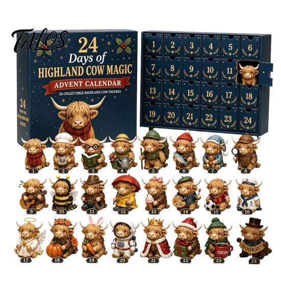 Unique Christmas Gifts for Her Magic Animal Advent Calendar, 24-Day Highland Cow/Cat/Sheep/Red Bird Acrylic Ornament Set, Cow Calendar 2D Flat