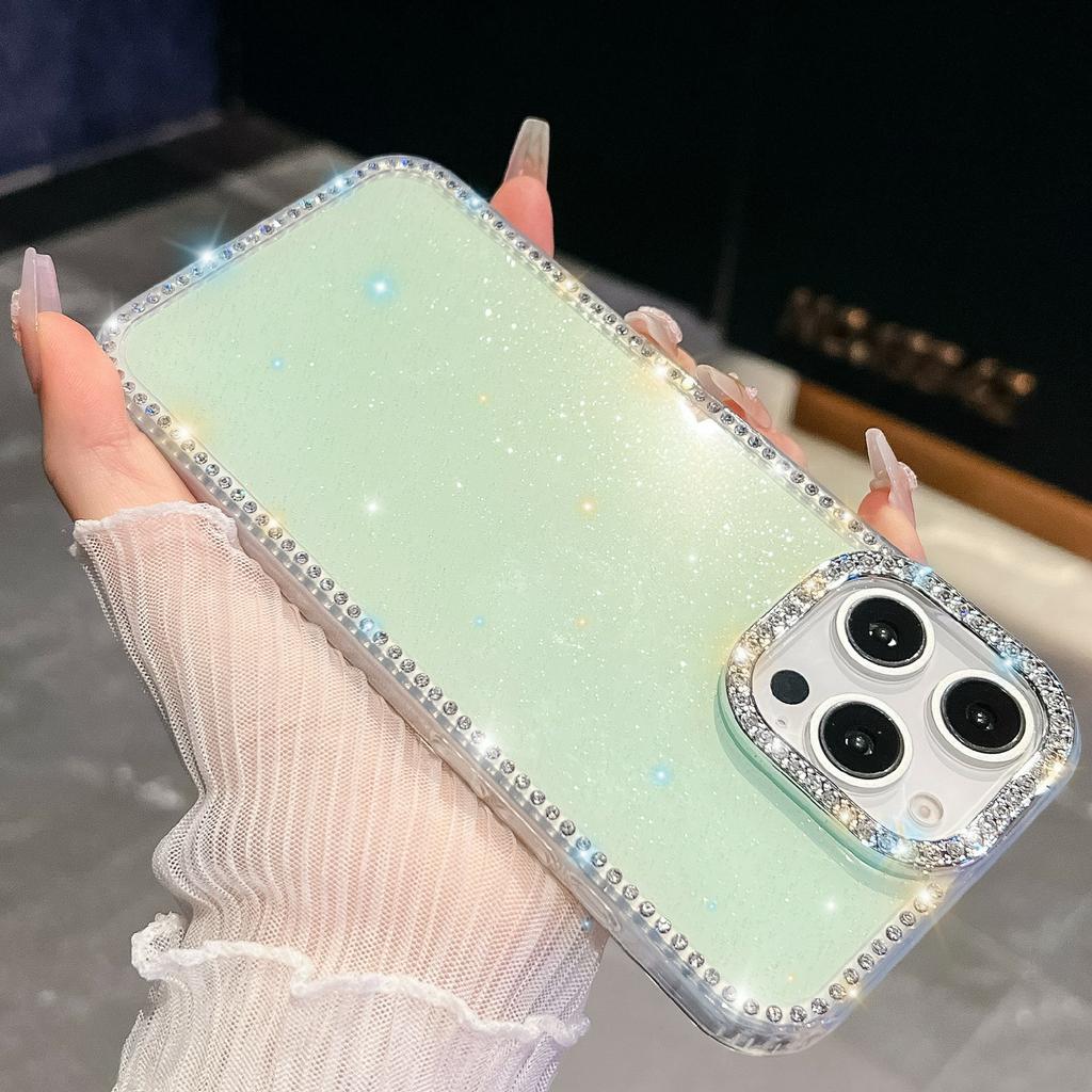 For iPhone 15 Pro Case Rhinestone Edge Glitter Back TPU+PC IMD Phone Cover