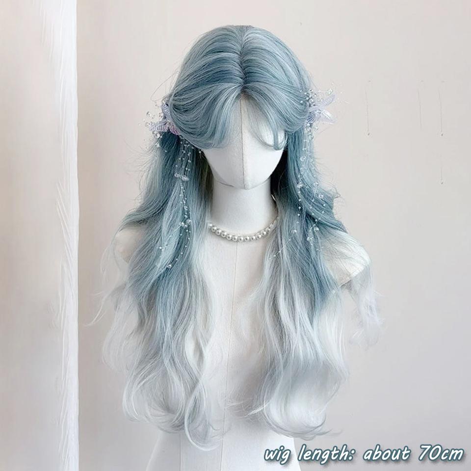 WTB Synthetic Wig Female Glacier Blue Gradient Light Gray Long Hair Lolita Hand-woven Lace Wool Long Curly Hair Cos Party Wig