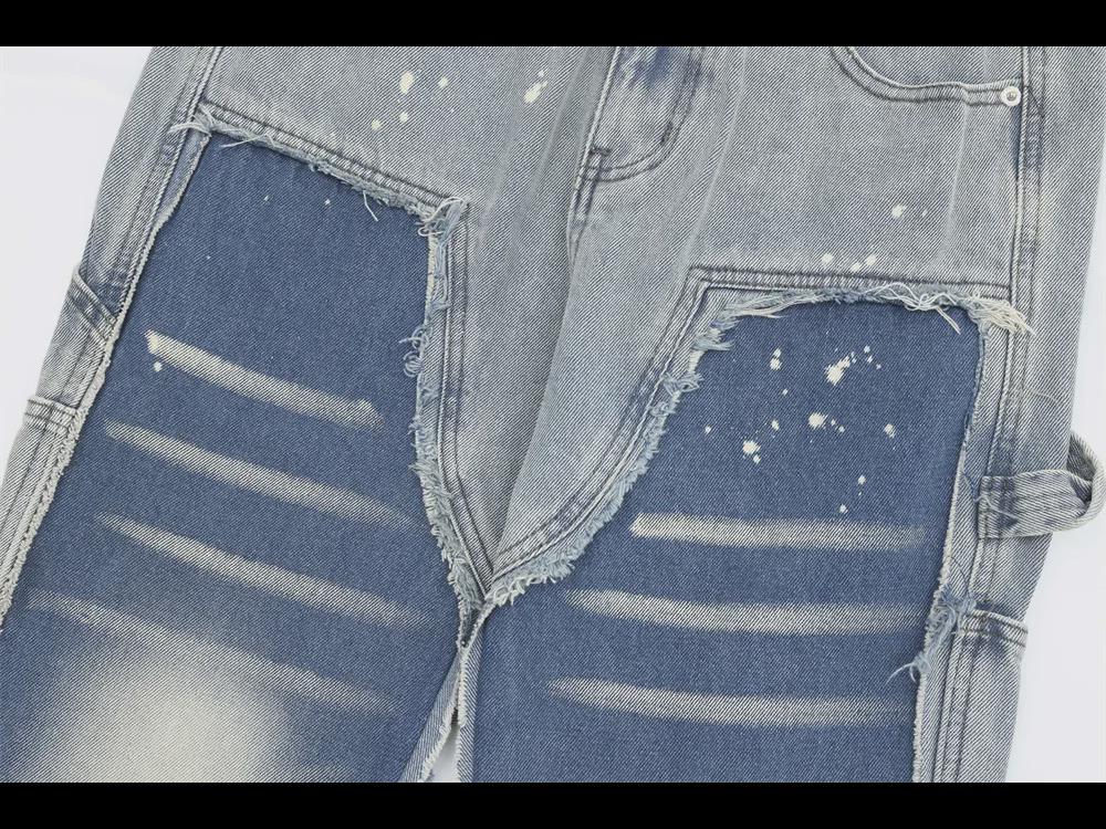 Trendy Herrenhose aus gewaschenem Denim mit geradem Bein und Kontrastnähten im Punk-Stil mit Tintenspritzern und Katzenschnurrhaar-Details