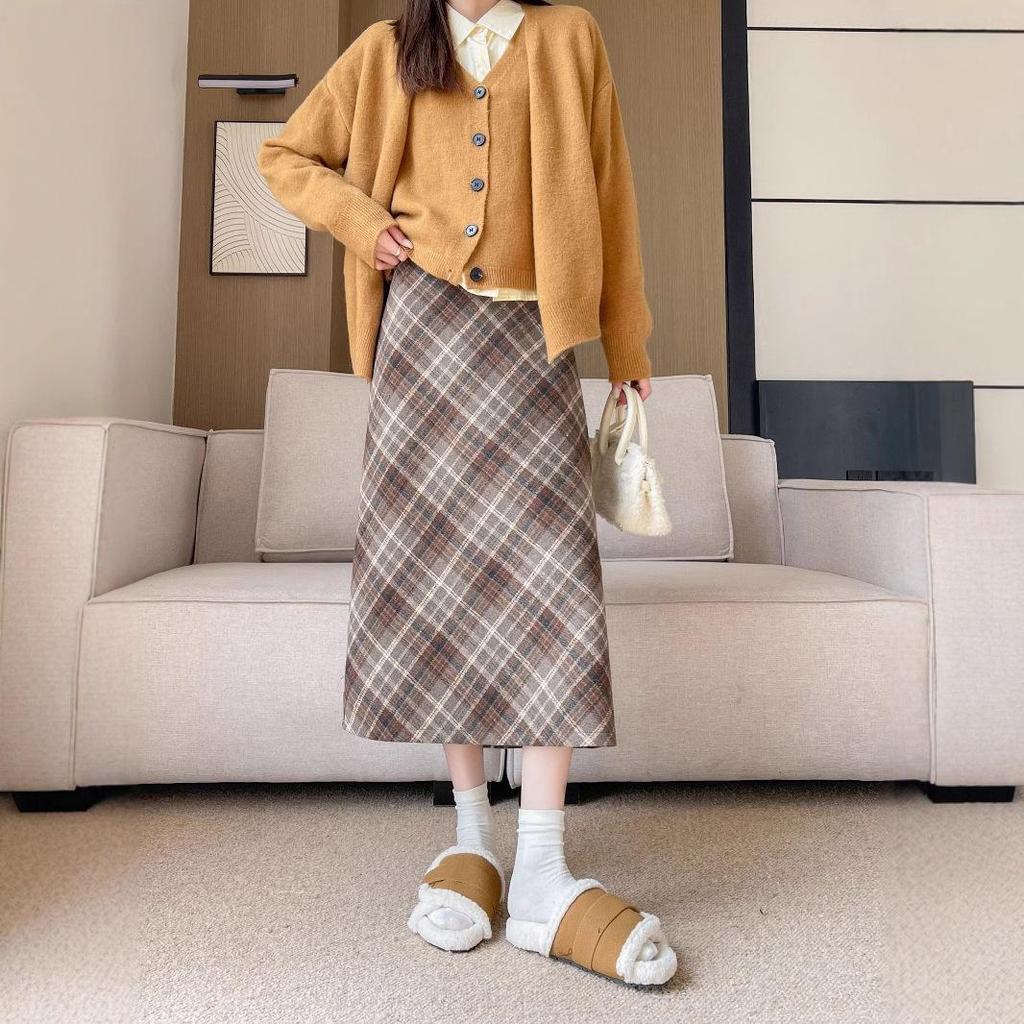 Autumn-Winter High Waist Wool Plaid A-Line Midi Skirt