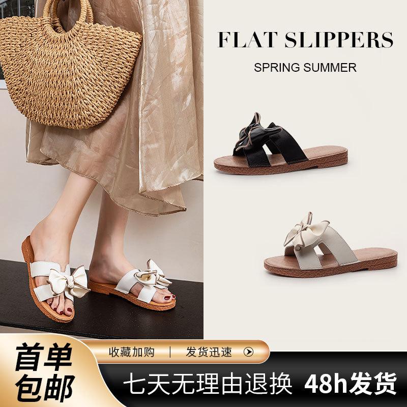 Leather sandals women wear 2025 new summer high-end slippers fashion Internet celebrity versatile one-word
