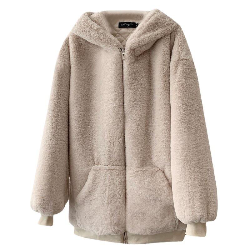 Loose Plush Jacket Women's Winter Rabbit Velvet Long New Thickened Hooded Coat