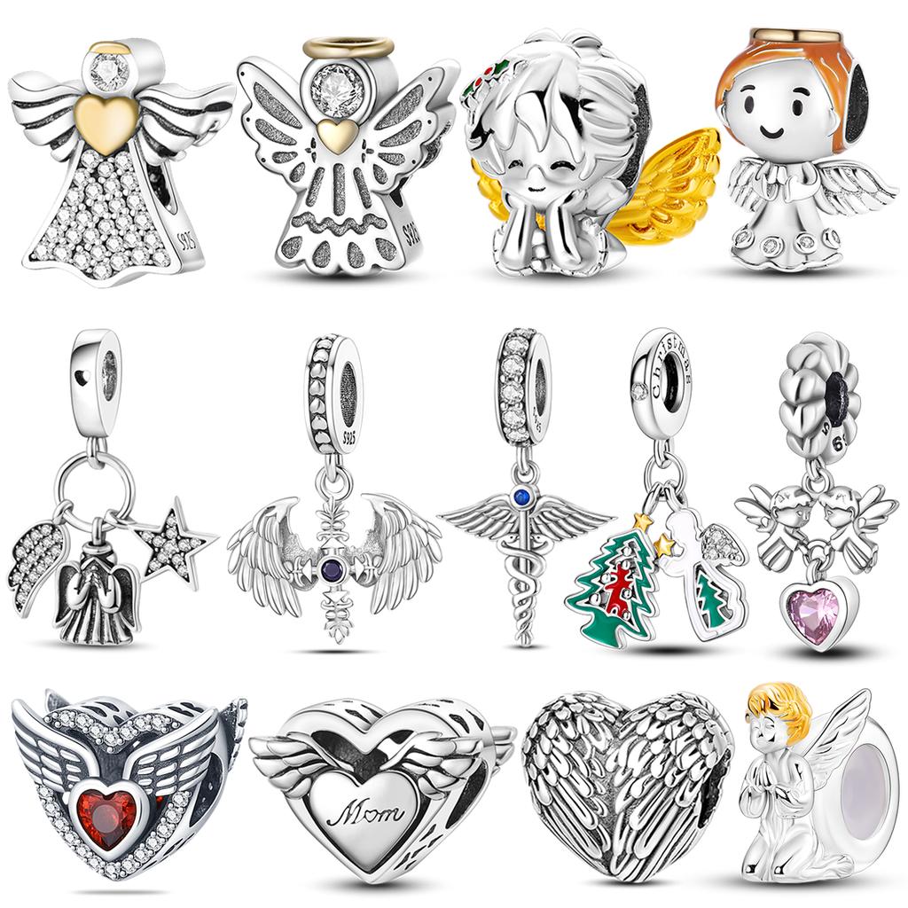 Copper Angel Baby Charms Zirconium Heart Shape Angel Wings Dangle Beads Fit Bangle Bracelet Necklace Diy Jewelry Marking