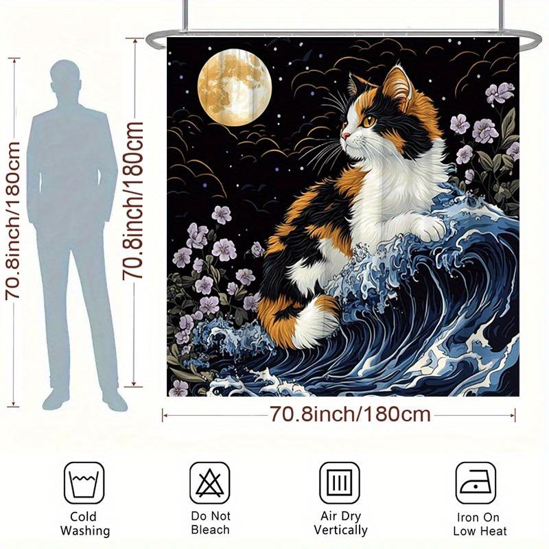 Calico Cat by the Moonlit Sea Shower Curtain - Water-Resistant, Easy to Clean, Adds a Magical and Serene Touch to Your Bathroom