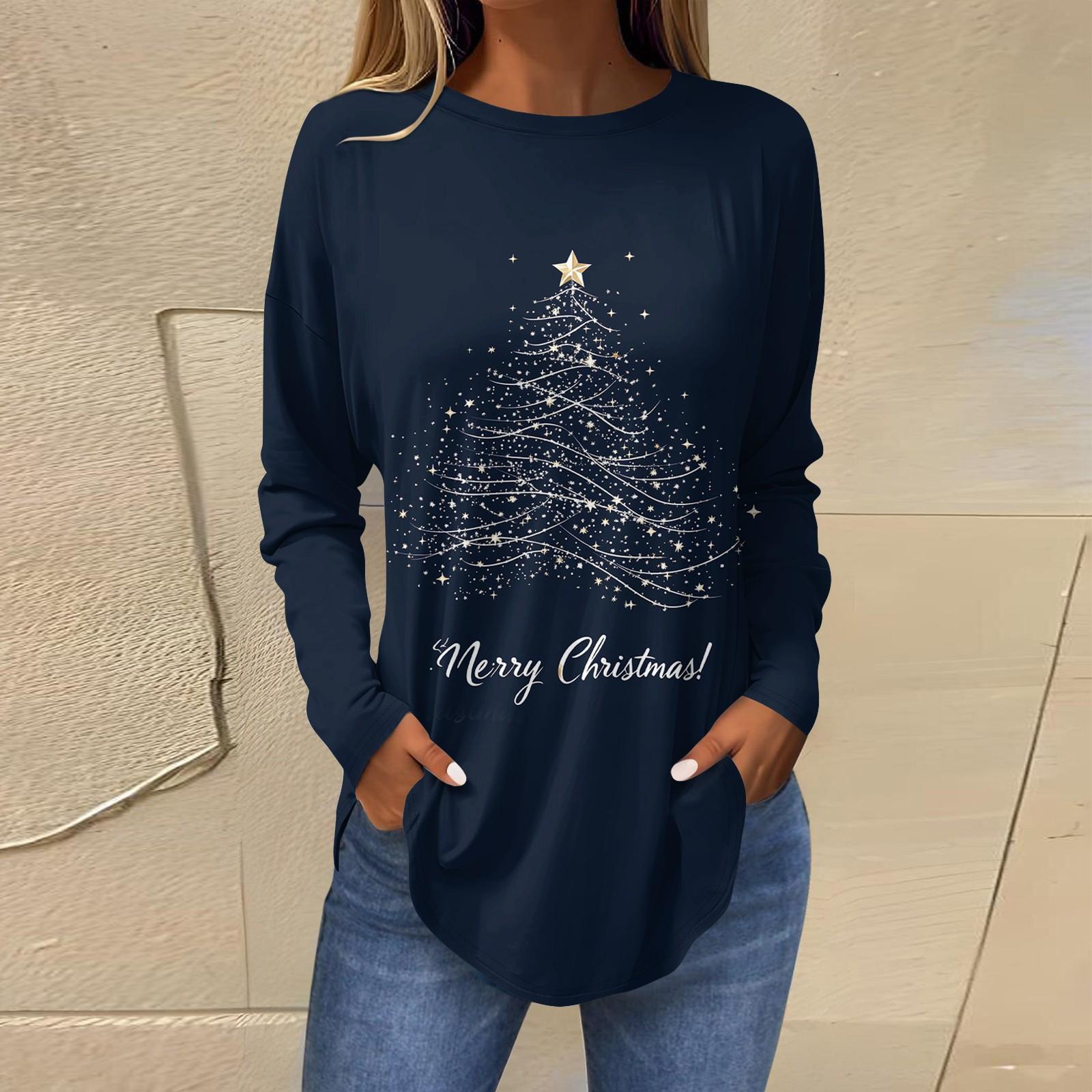 

Женская свободная футболка с длинным рукавом с круглым вырезом и принтом, верхний пуловер XL тёмно-синий