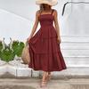 Summer Women Solid Color Strap Dress Sexy Long Ruffled