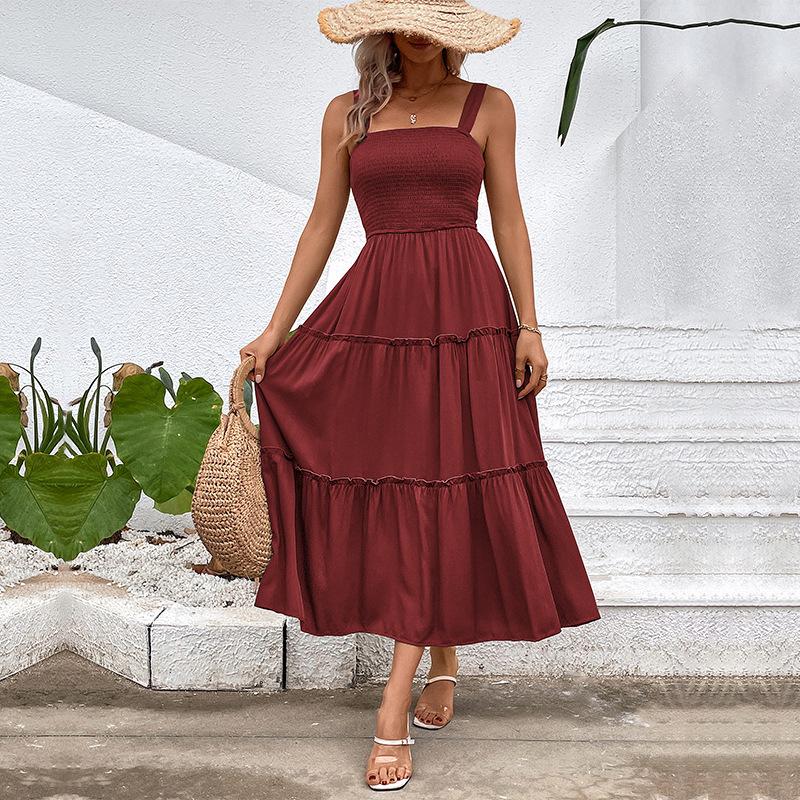 Summer Women Solid Color Strap Dress Sexy Long Ruffled