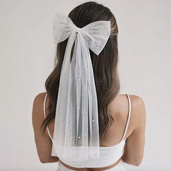 Bridal Hair Clip with Bow Faux Pearl Veil Wedding Headdress White Tulle Wedding Day Honeymoon Hair Accessory