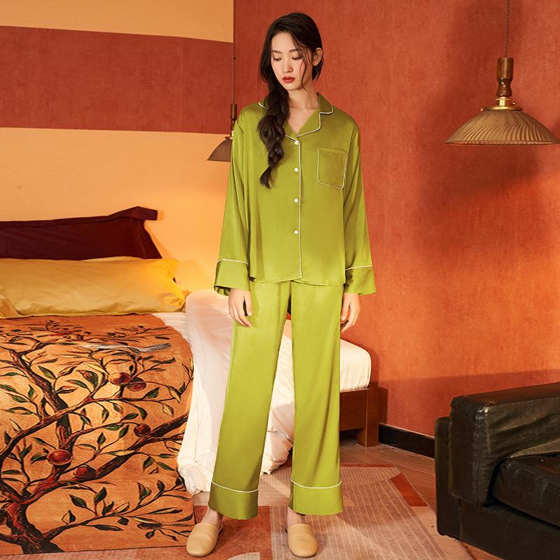 Yaoting simple casual satin chiffon pajamas long sleeves trousers loungewear set retro women pajama1011