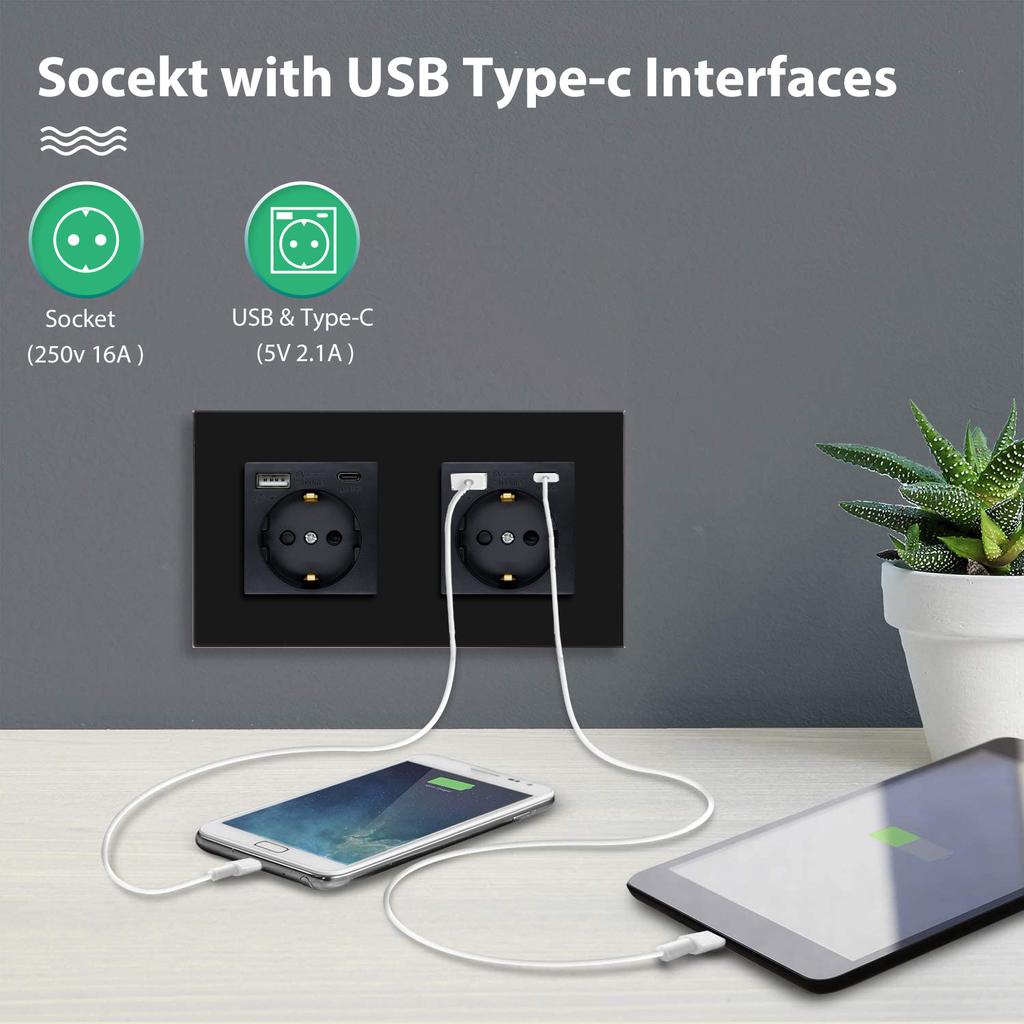 BSEED 1/2/3fach Touchschalter 1-Weg Lichtschalter mit EU-Wandsteckdosen USB Typ-C Steckdosen Glasplatte Schwarz