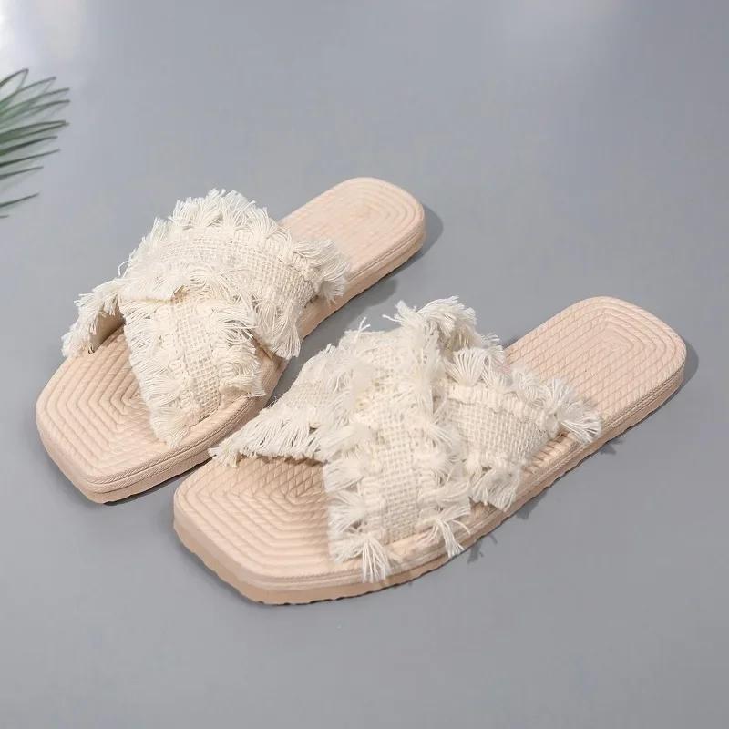 Mode Neue Böhmische Resort-Slipper 36-43 Damen Sommer Komfort Strand-Sandalen Kreuzquasten-Sandalen Slipper Damen Sandalen Slipper
