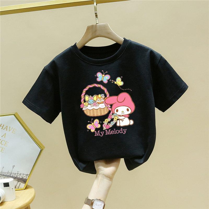 Sanrio Melody Printed Children s T-shirt Comfortable Pure Cotton Personalized Top Round Neck Parent Child Wear 150 чёрный