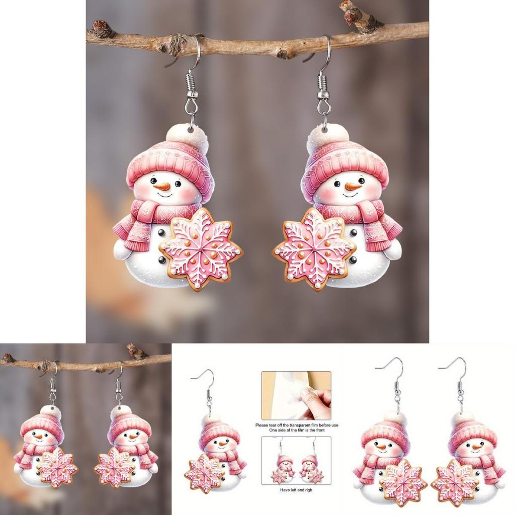 Christmas Theme Cute Cartoon Pink Hat Scarf Snowman Pattern Women Earrings For Festive Wear