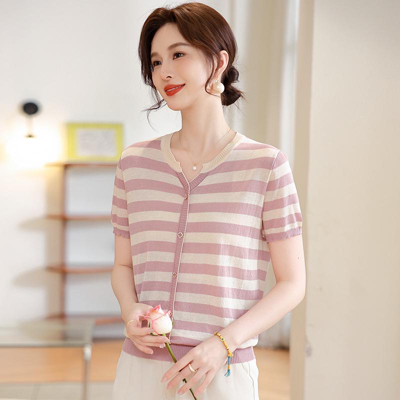 

Mom s 2026 New Style Striped Ice Silk T-Shirt for Middle-Aged & Elderly Women 2XL (recommended for 110-120 jin) розовый