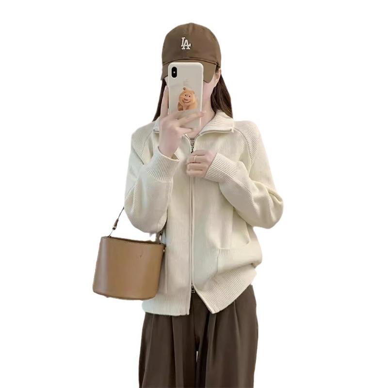 Autumn and Winter New Double Zipper Lapel Knitted Cardigan Women's Solid Color Sweater Jacket Loose Style Top Trendy