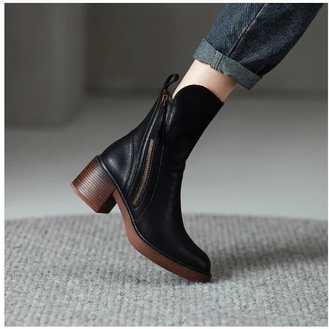 Spring and Autumn Woman Mid Calf Boots Women Zipper Heels Female Footwear Ladies Leather Short Boots Women's Shoes