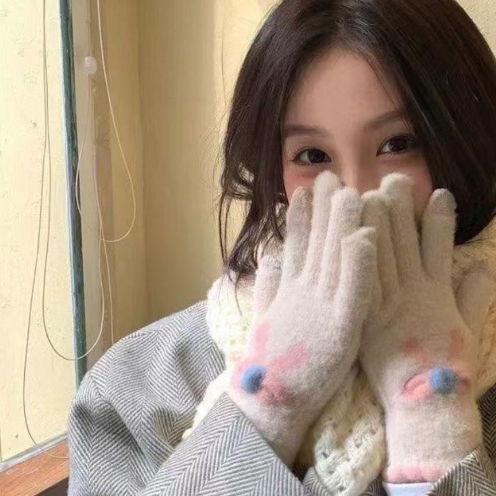 Cute Keep Warm Knitted Gloves with Five Fingers Windproof Touch-screen Gloves Cold Protection Stretch Knit Mittens Girl Women