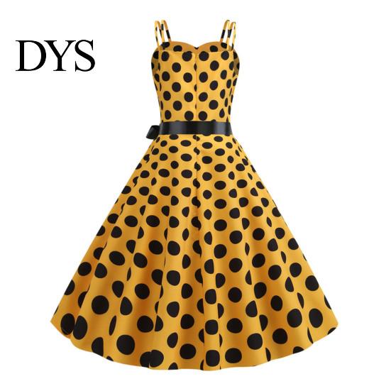 Vinatge 60s Sundress Women Dress Retro A-line Big Swing Tight High Waist Bow Decor Sleeveless V Neck Back Zipper Dot Print Contrast Color Party