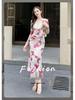 Elegantes V-Ausschnitt Netzkleid mit Print: Hohe Taille, Schlankmachender Falten-Schlitz, Langarm Bodycon Rock