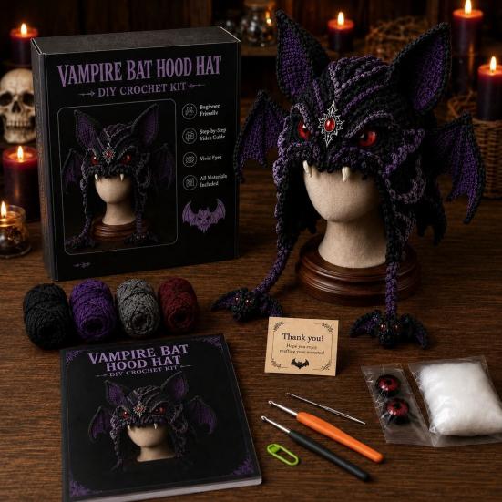 Crochet Starter Kit Fantasy Hood Kit, Cute Animal Hat DIY Dragon Unicorn Creative Gift for Crafters Skull Earflap Craft Adults, Handmade Halloween