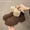 Fur Women Snow Ankle Boots Suede Mid Heels Short Plush Cotton Shoes 2025 Trend Winter Chunky Pumps Warm Casual Botas De Mujer