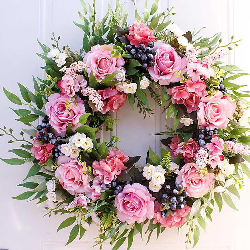 Artificial Hanging Wreath 56cm 22in Greenery Wreath Decoration Elegant Wreath for Front Door Bedroom Living Room Pink
