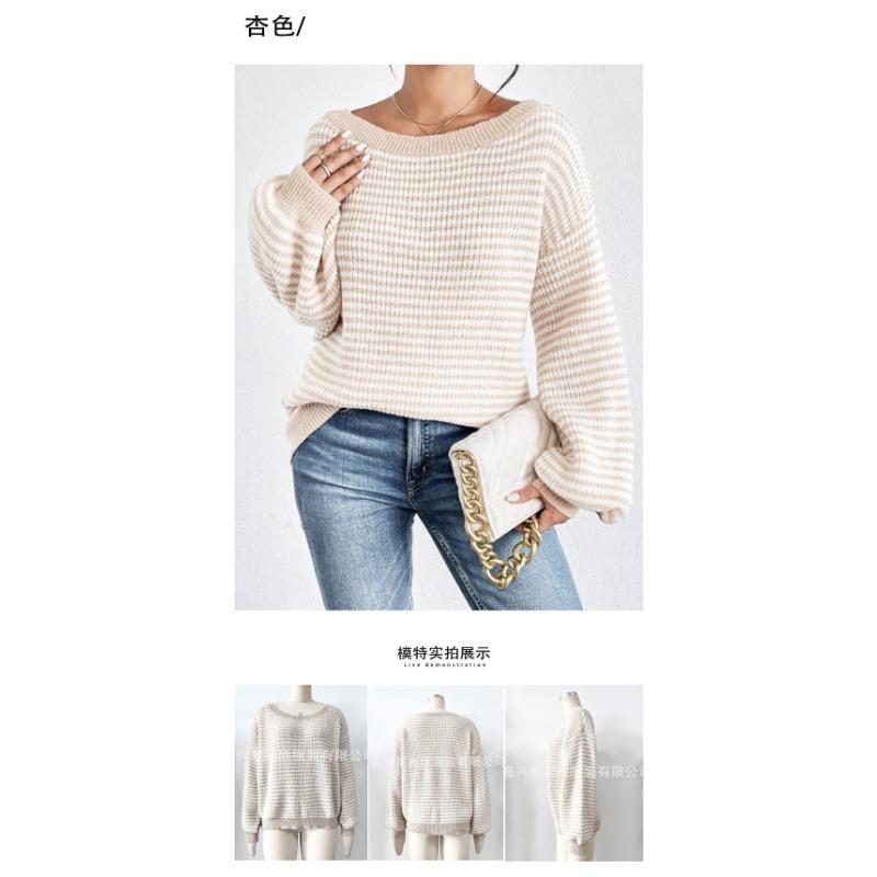 Women S Loose Fit One Shoulder Neck Striped Long Sleeve Pullover Knit Sweater