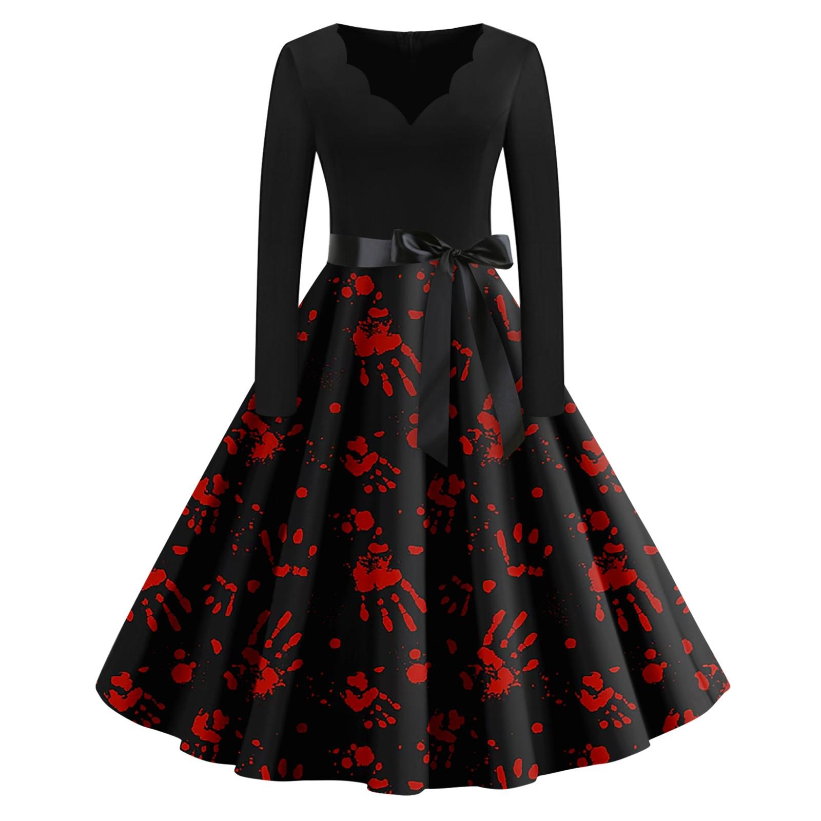Women s Vintage Dress Neck Waist Tie Long Sleeves Halloween Print V Neck Swing Dress XXL