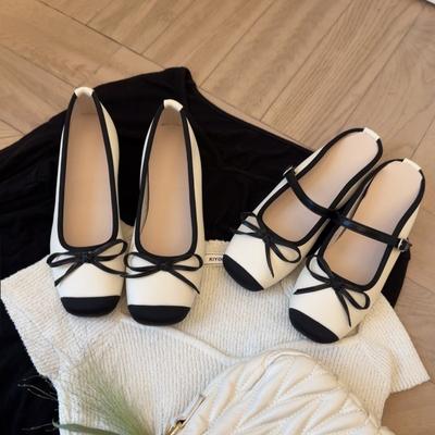 Versione in pelle di pecora~ interno con rialzo, pantofole, da donna, con fiocco, a fascia, a bocca bassa, mezzo zoccolo, scarpe da ballo