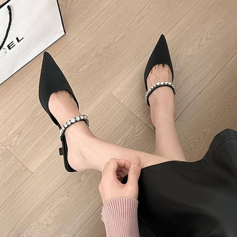 Fashion sexy ladies pointed toe silver slippers women crystal band slides high heels summer party shoes woman kitten heel sandalias 2025