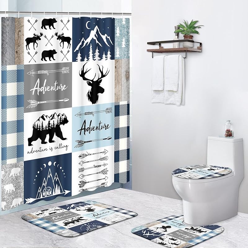 4 Pcs Shower Curtain Sets, Cute Unicorn Mermaid Cub Kids Rainbow Waterproof Bathroom Sets with Non-Slip Rugs, Toilet Lid Cover and Bath Mat,