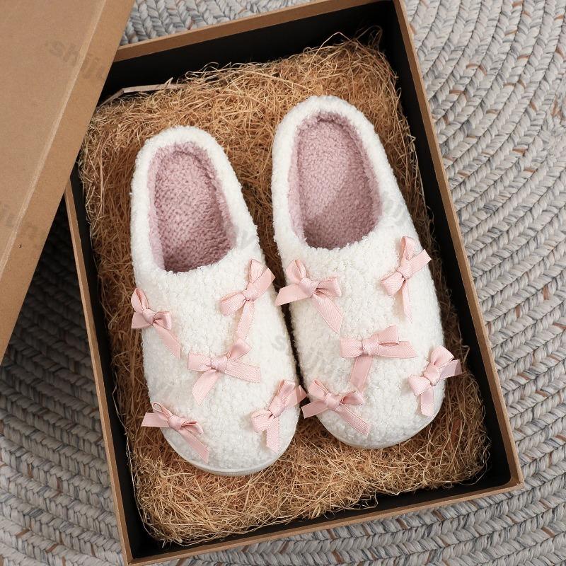 Fashion Cute Plush Shoes Winter Women's Fashion Bow Knot Warm Home Shoes Thicken Lightweight Comfortable Indoor Non Slip Cotton Slippers