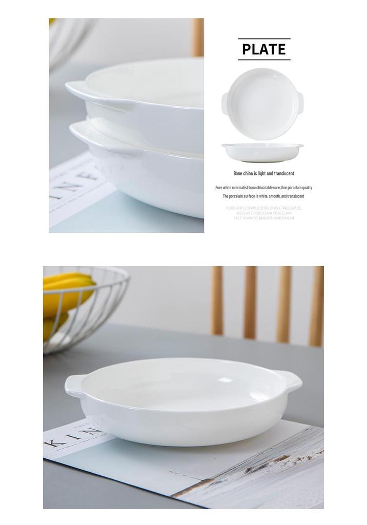 Double-Handle White Bone China Deep Plate - Anti-Scald Ceramic Bowl for Soup & Vegetables
