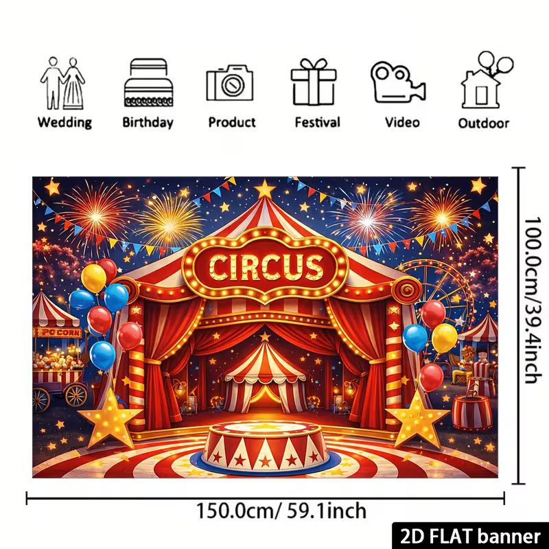 2D Circus Tent Photo Backdrop, Carnival Night Party Banner, Baby Shower & Birthday Decor