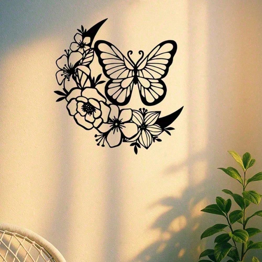 Butterfly Moon Phase Metal Wall Art Bohemian Decor Waterproof Rustproof for Indoor Outdoor Home Garden Aesthetic Gift