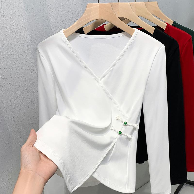 Solid Color Long-sleeved V-neck Cotton T-shirt for Women's New Autumn Thin Inner Bottoming Shirt Irregular Design Top