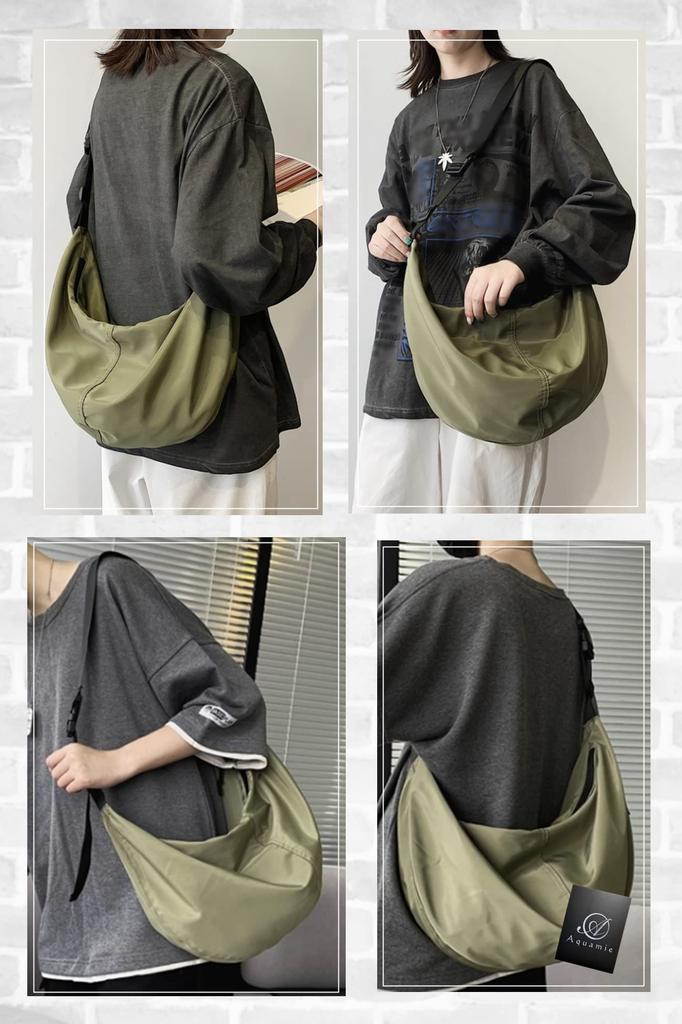 Aquamie Messenger Bag, Crossbody Nylon Shoulder Bag, Solid Color, Lightweight, Student Size, A4 Size, Horizontal, Zippered, Simple, White (Off-White)