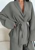 Damen 2-teiliges passendes Set Langarm-Oberteil mit Gürtel Weitbeinige Hose Business Casual Set Outfit