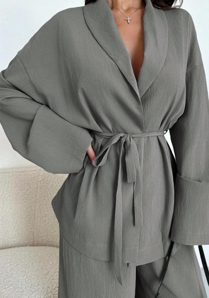 Damen 2-teiliges passendes Set Langarm-Oberteil mit Gürtel Weitbeinige Hose Business Casual Set Outfit