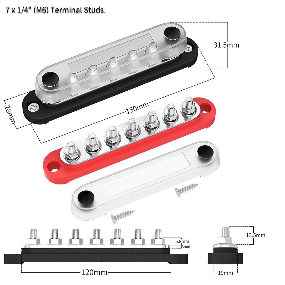 DaierTek Car Terminal Block Negative Bus Bar 12V 150A Terminal Block 12V Power Distribution Block M8 Termianl Bus for Automotive