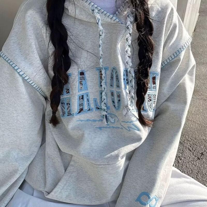 La Chapelle Hemp Gray Spliced Embroidered Hooded Sweatshirt
