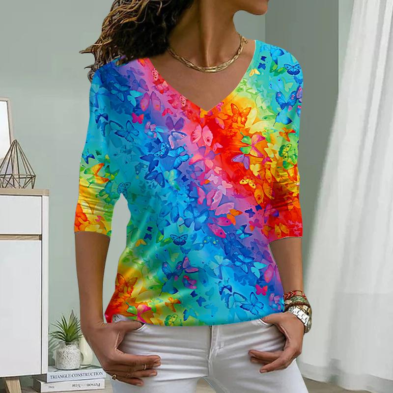 Hollow Butterfly Print Women Tshirts Ladies Tops Long Sleeve V-neck Pullover Femme T-shirts T Shirt For Women