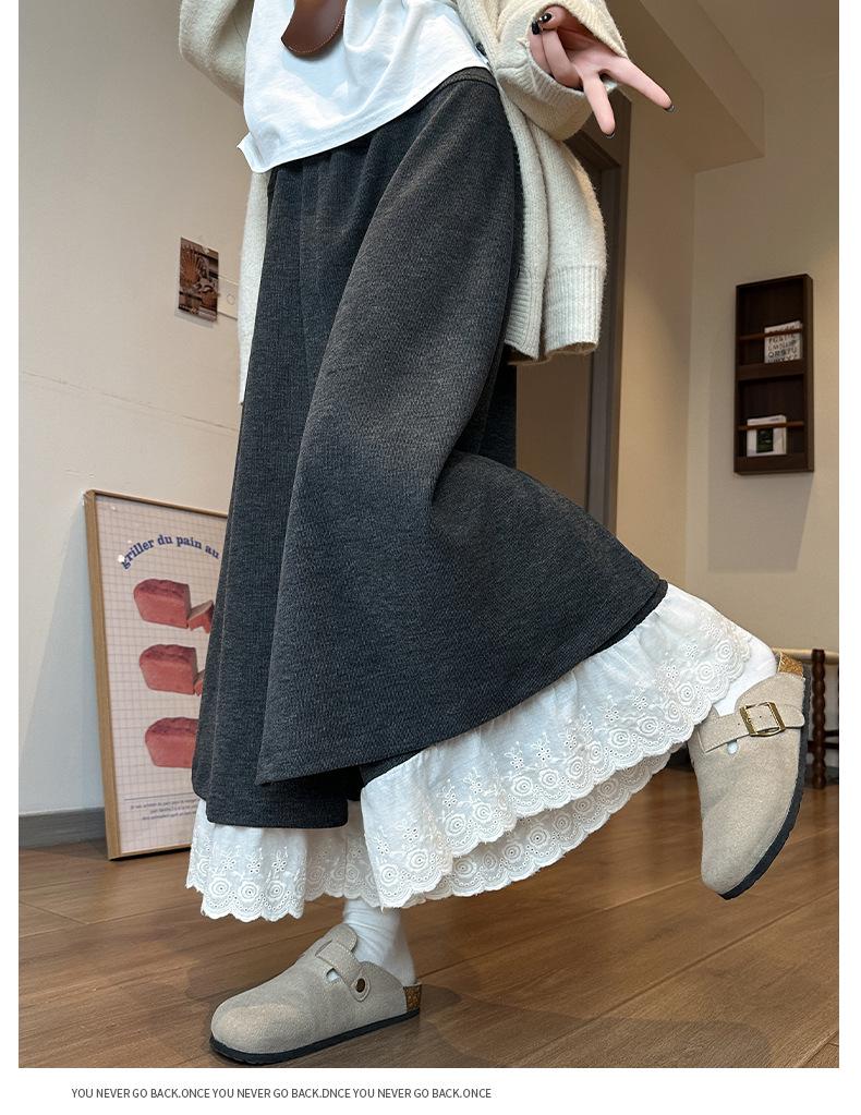 Women's Patchwork Lace Trim High-Waisted Wide-Leg Pants: Versatile, Slimming, Plus Velvet for Autumn/Winter 2025.