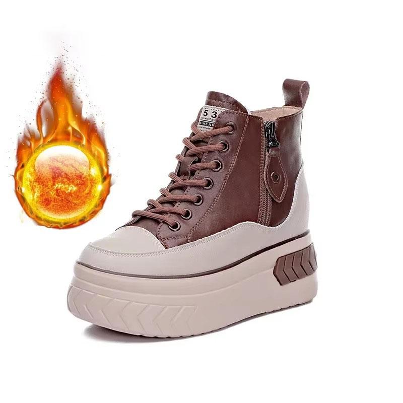 Women Shoes Artificial Leather Platform Boots Wedge Hidden Heel Zip Spring Autumn Warm Fur Winter Shoes Sneakers