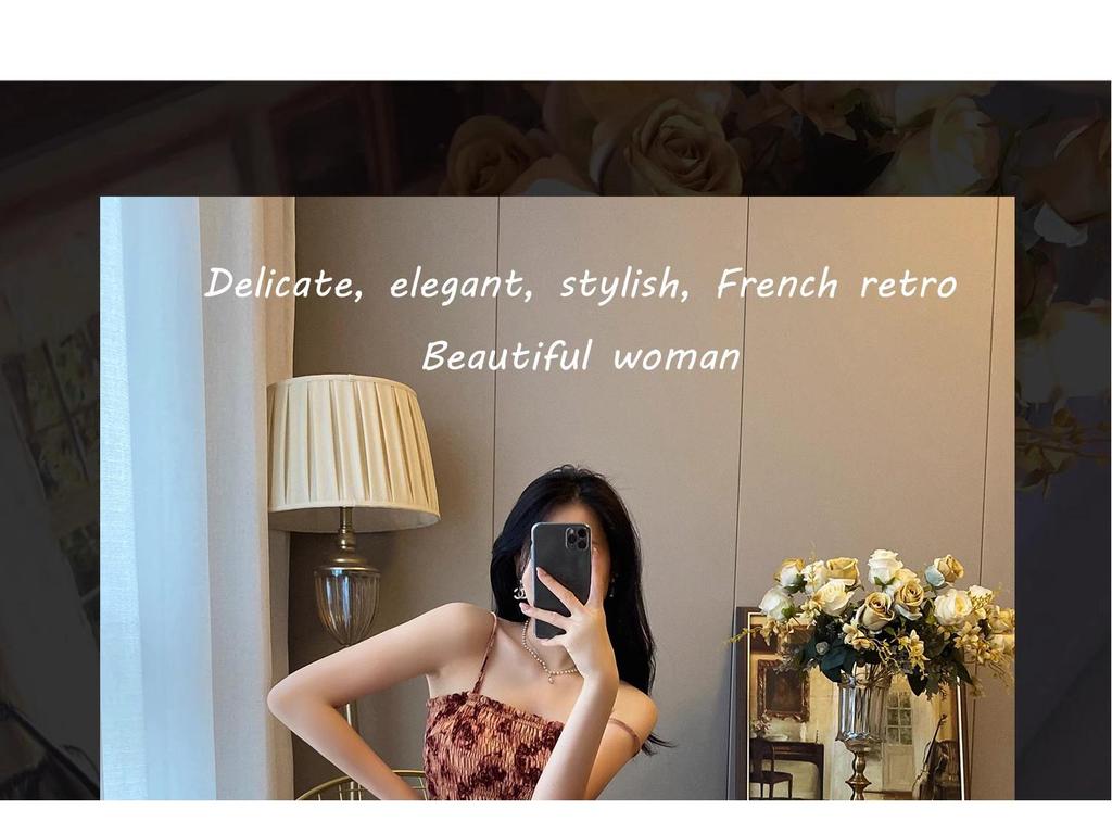 Women's Elegant French Floral Pleated Strappy Dress - Summer High Waist A-line Long Skirt